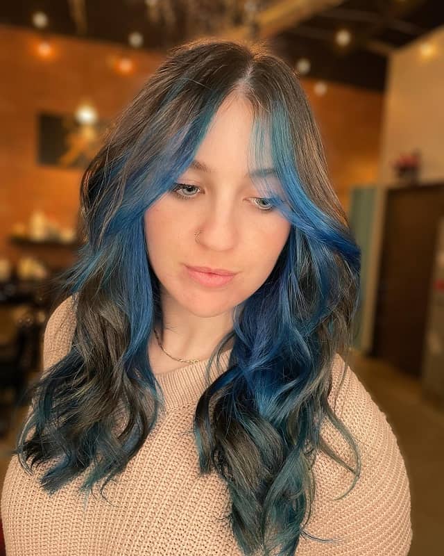 Blue Highlights on Wavy Brown hair