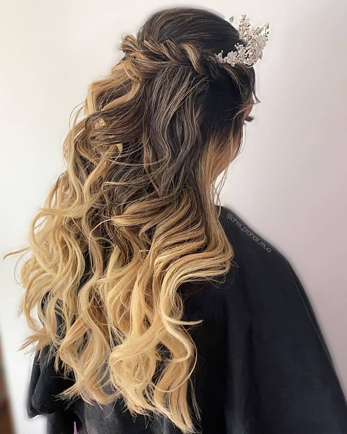 Half-up hairstyle with Soft curls and twists