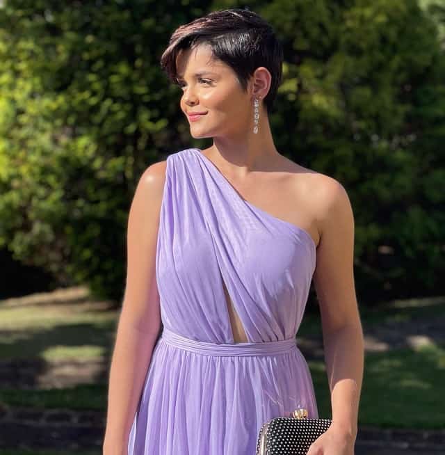 Pixie hair cut for one shoulder dress