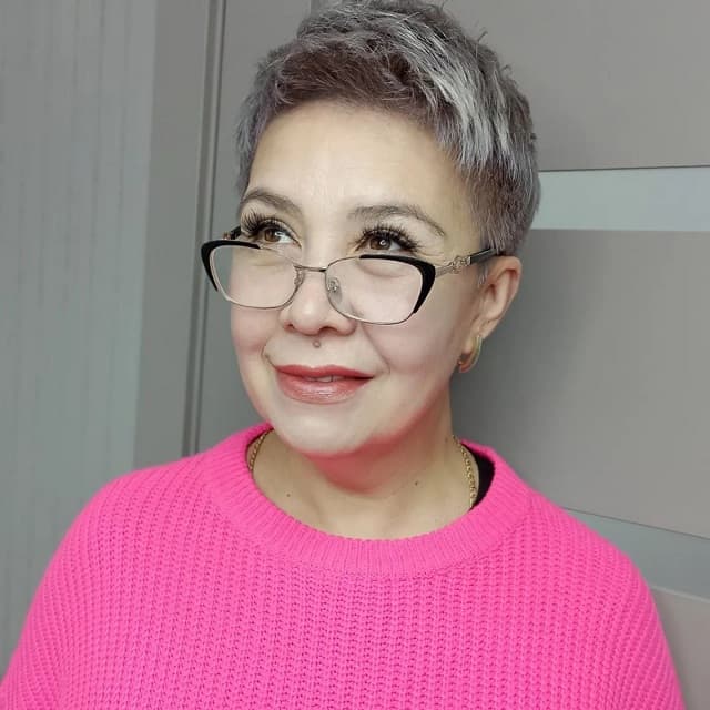 fine thin hair pixie for over 50 ladies with glasses